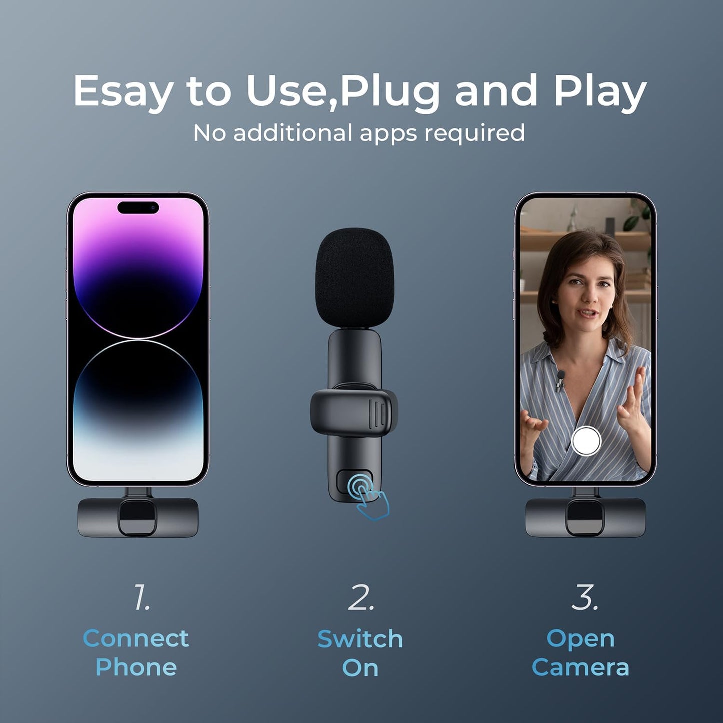 Wireless Lavalier Microphone for iPhone - iPad, Android Phone, Mini Lapel Mic with Noise Reduction and Crystal Sound for Video Recording, Vlogging, TikTok, YouTubeWireless Lavalier Microphone for iPhone